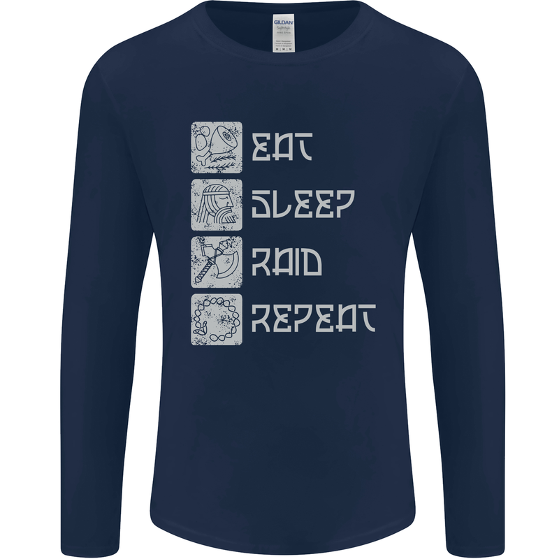 Viking Eat Sleep Raid Thor Valhalla Funny Mens Long Sleeve T-Shirt Navy Blue