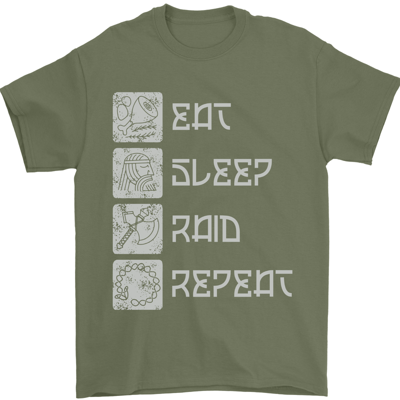 Viking Eat Sleep Raid Thor Valhalla Funny Mens T-Shirt 100% Cotton Military Green