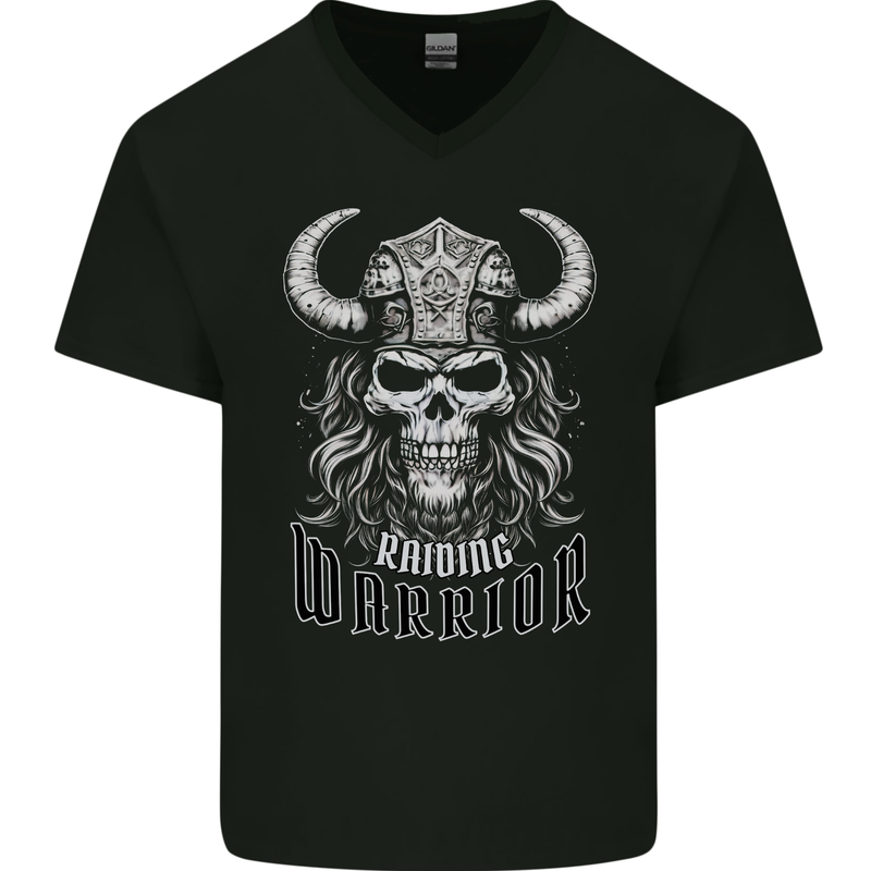 Viking Raiding Warrior Skull Mens V-Neck Cotton T-Shirt Black