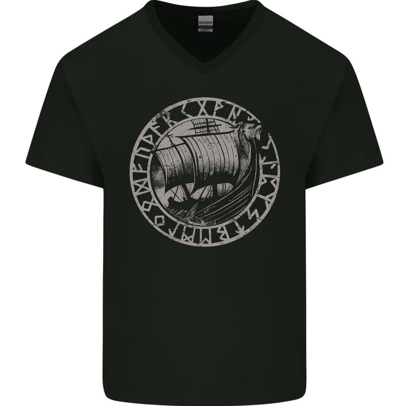 Viking Ship With Norse Text Mens V-Neck Cotton T-Shirt Black