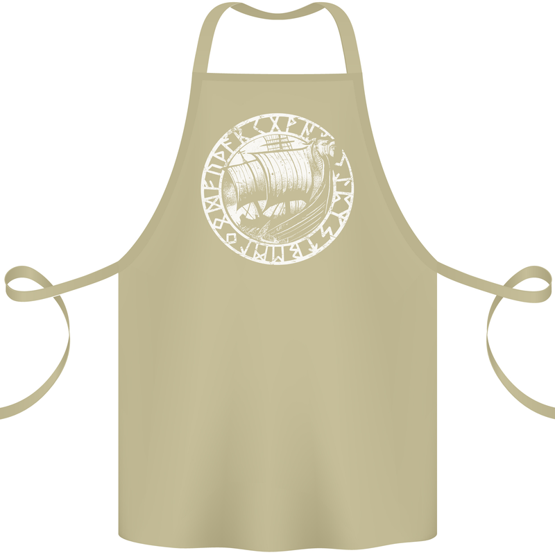 Viking Ship With Norse Text White Print Cotton Apron 100% Organic Khaki