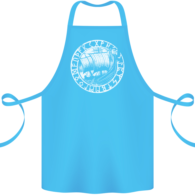 Viking Ship With Norse Text White Print Cotton Apron 100% Organic Turquoise