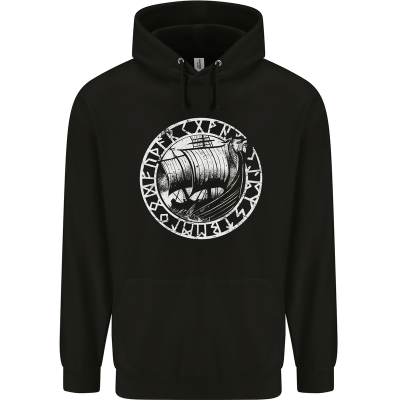 Viking Ship With Norse Text White Print Mens 80% Cotton Hoodie Black