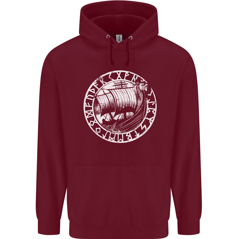 Viking Ship With Norse Text White Print Mens 80% Cotton Hoodie Maroon