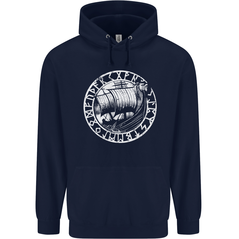 Viking Ship With Norse Text White Print Mens 80% Cotton Hoodie Navy Blue