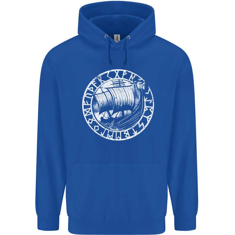 Viking Ship With Norse Text White Print Mens 80% Cotton Hoodie Royal Blue