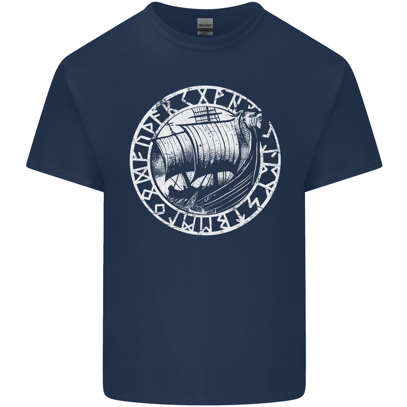 Viking Ship With Norse Text White Print Mens Cotton T-Shirt Tee Top Navy Blue