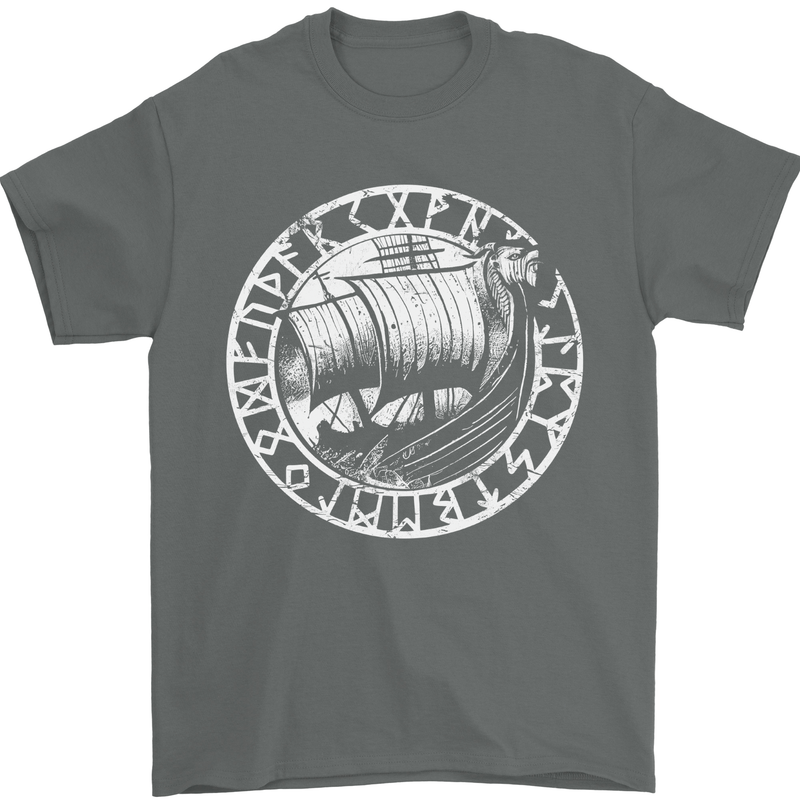 Viking Ship With Norse Text White Print Mens T-Shirt 100% Cotton Charcoal