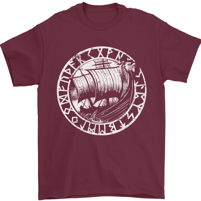 Viking Ship With Norse Text White Print Mens T-Shirt 100% Cotton Maroon
