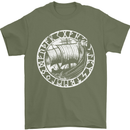 Viking Ship With Norse Text White Print Mens T-Shirt 100% Cotton Military Green