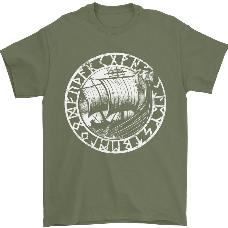 Viking Ship With Norse Text White Print Mens T-Shirt 100% Cotton Military Green