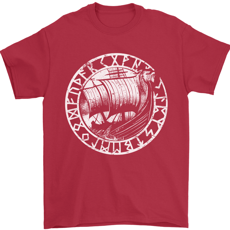 Viking Ship With Norse Text White Print Mens T-Shirt 100% Cotton Red
