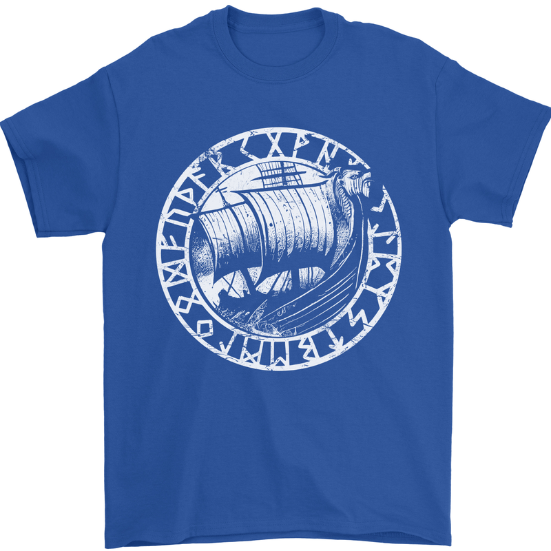 Viking Ship With Norse Text White Print Mens T-Shirt 100% Cotton Royal Blue
