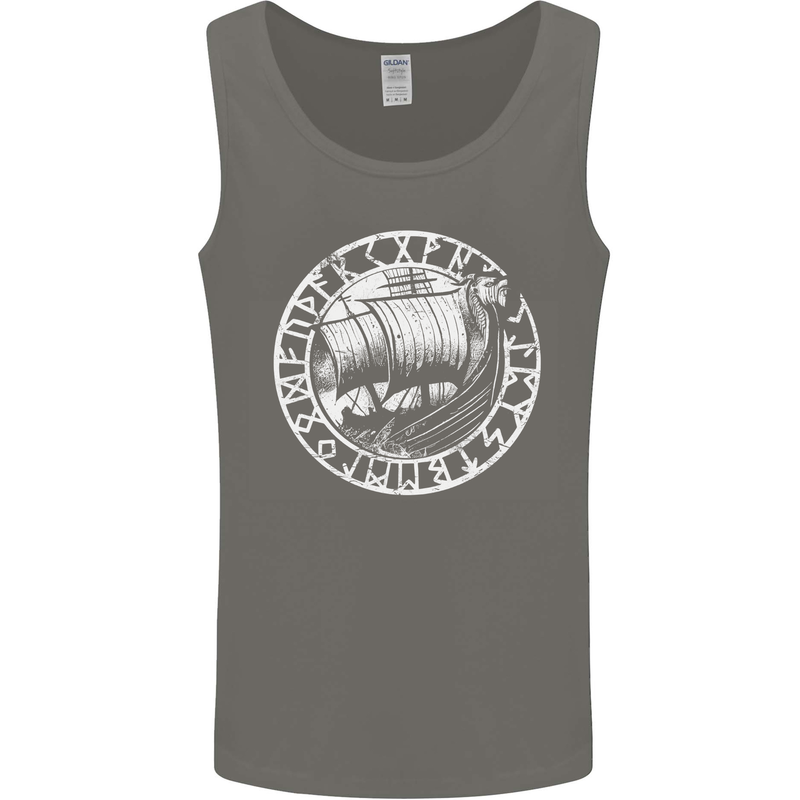 Viking Ship With Norse Text White Print Mens Vest Tank Top Charcoal