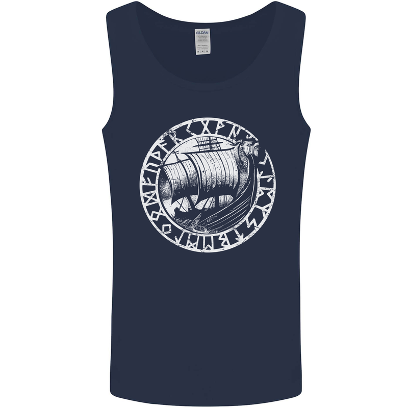Viking Ship With Norse Text White Print Mens Vest Tank Top Navy Blue