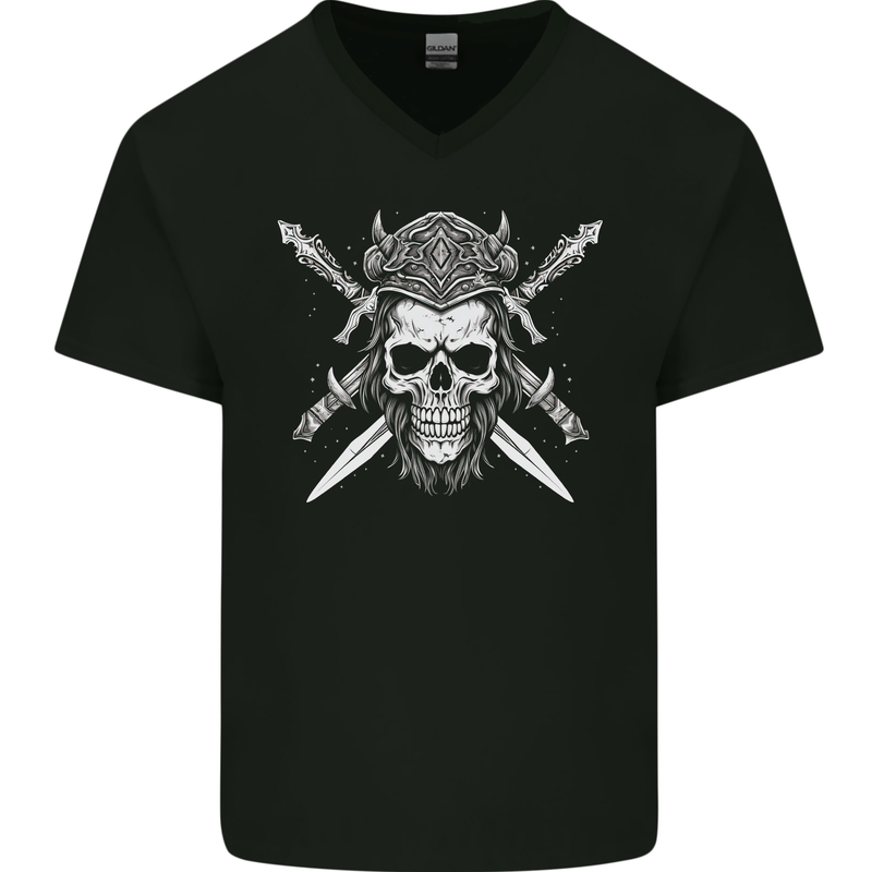Viking Skull With Swords Warrior Gym MMA Mens V-Neck Cotton T-Shirt Black