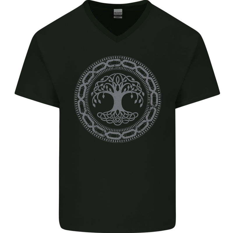 Viking Symbol Yggdrasil Grey Gym Mens V-Neck Cotton T-Shirt Black