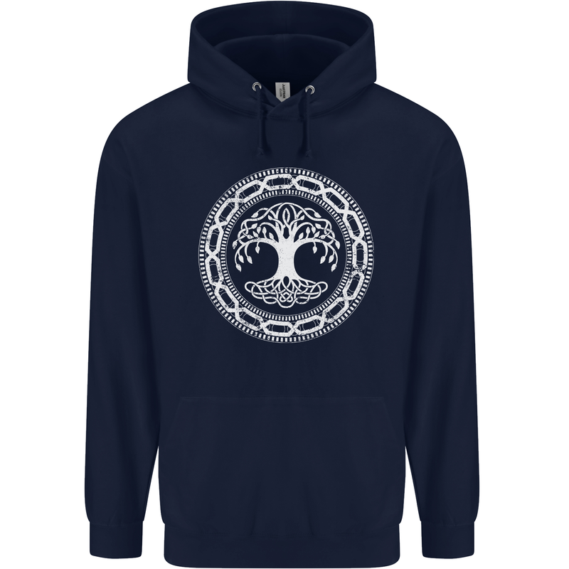 Viking Symbol Yggdrasil White Gym Mens 80% Cotton Hoodie Navy Blue