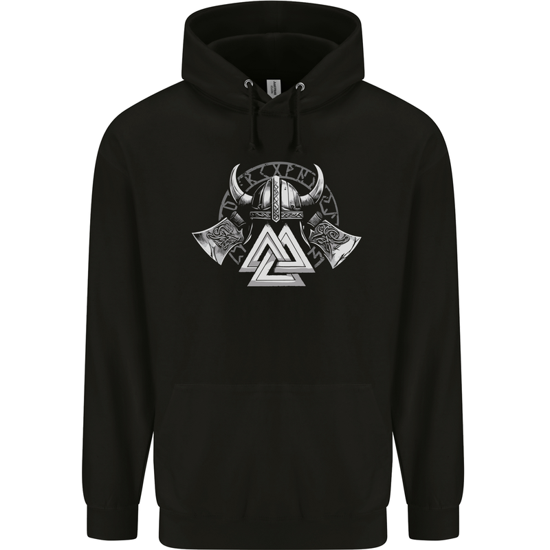 Viking Valknut Helmet Text and Axes Gym Mens 80% Cotton Hoodie Black