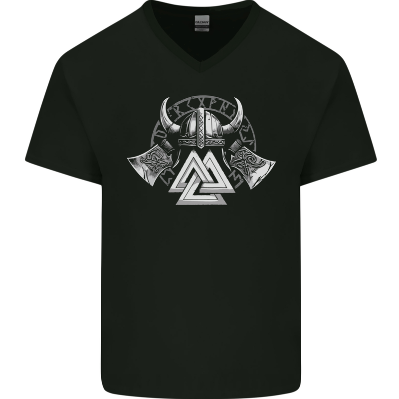 Viking Valknut Helmet Text and Axes Gym Mens V-Neck Cotton T-Shirt Black