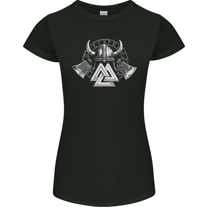 Viking Valknut Helmet Text and Axes Gym Womens Petite Cut T-Shirt Black