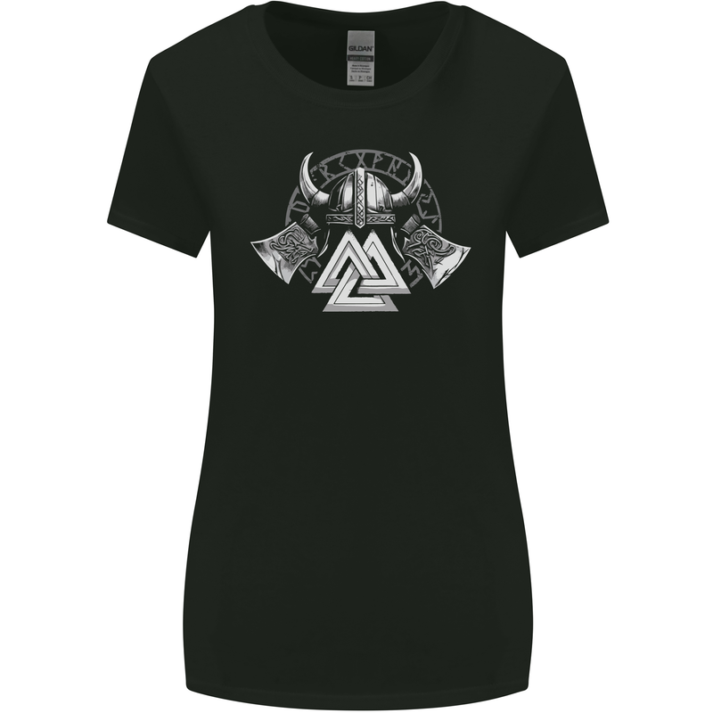 Viking Valknut Helmet Text and Axes Gym Womens Wider Cut T-Shirt Black