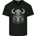 Viking Warrior Skull Helmet With Horns Mens V-Neck Cotton T-Shirt Black