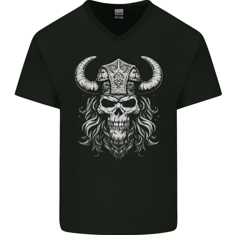 Viking Warrior Skull Helmet With Horns Mens V-Neck Cotton T-Shirt Black