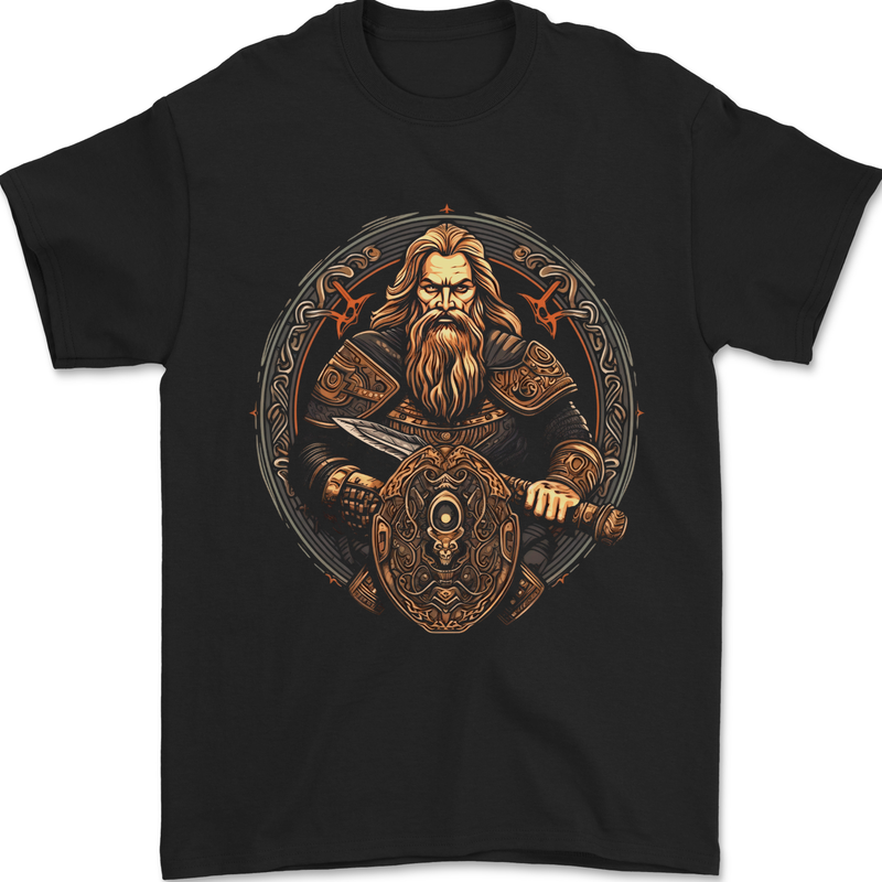 Viking Warrior With Sword and Shield Mens T-Shirt 100% Cotton Black