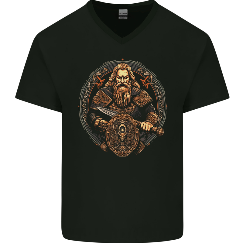 Viking Warrior With Sword and Shield Mens V-Neck Cotton T-Shirt Black