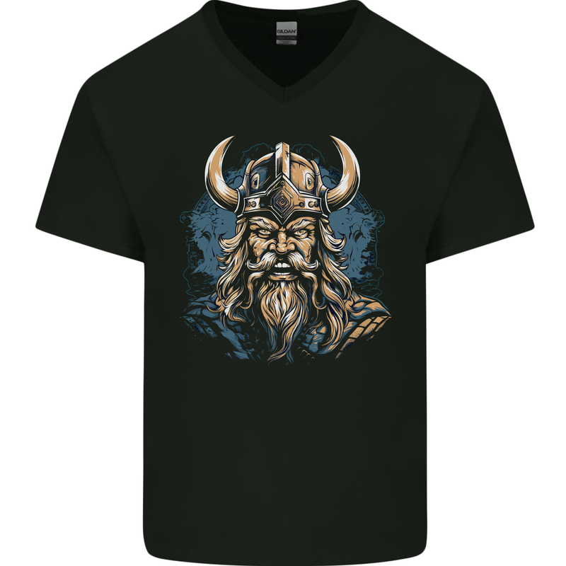 Viking With Horned Helmet Mens V-Neck Cotton T-Shirt Black