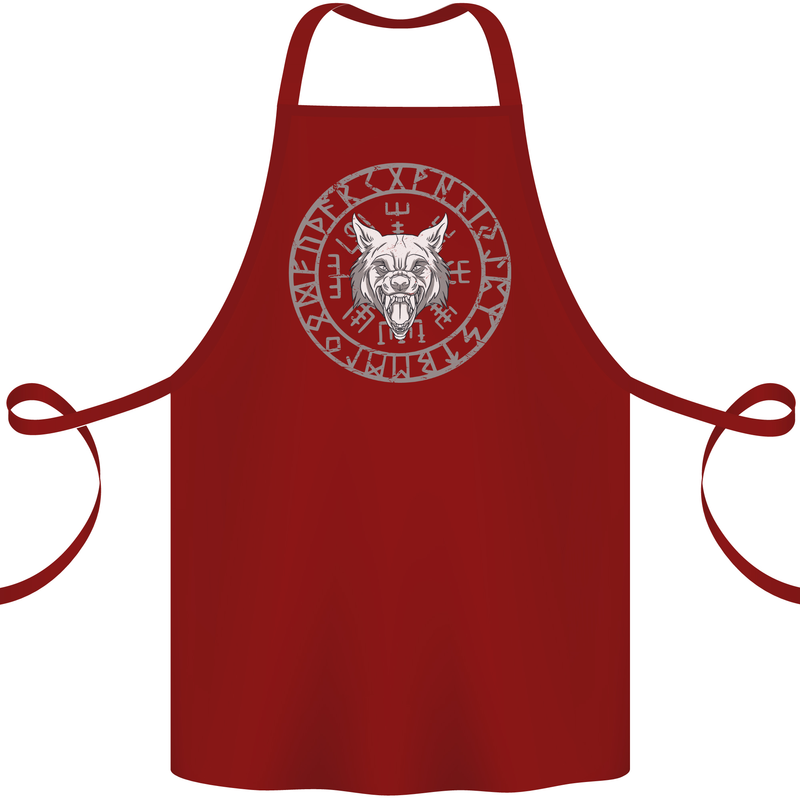 Viking Wolf With Nordic Symbols Cotton Apron 100% Organic Maroon