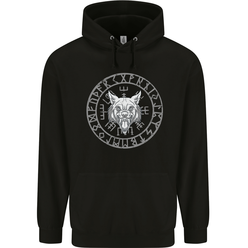 Viking Wolf With Nordic Symbols Mens 80% Cotton Hoodie Black