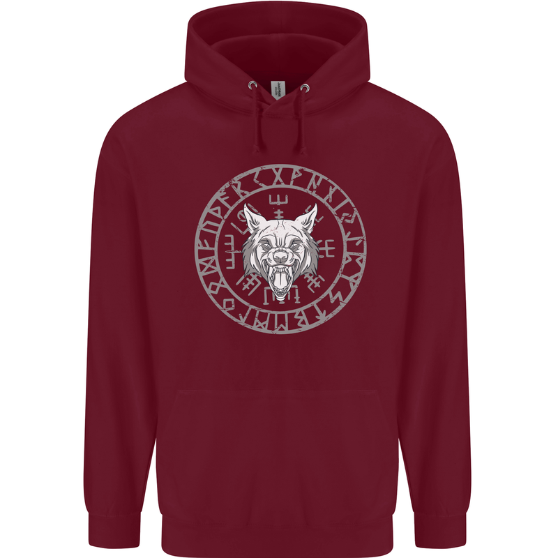 Viking Wolf With Nordic Symbols Mens 80% Cotton Hoodie Maroon