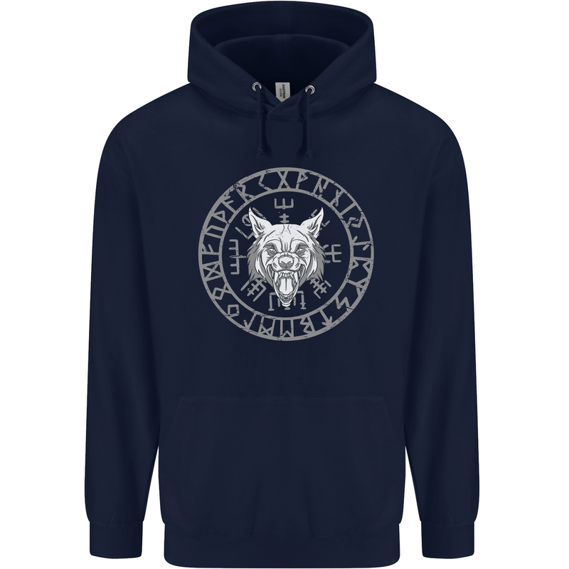 Viking Wolf With Nordic Symbols Mens 80% Cotton Hoodie Navy Blue