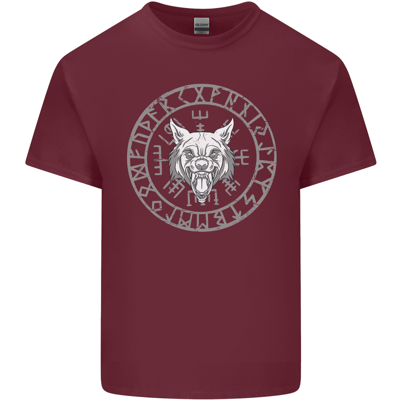 Viking Wolf With Nordic Symbols Mens Cotton T-Shirt Tee Top Maroon