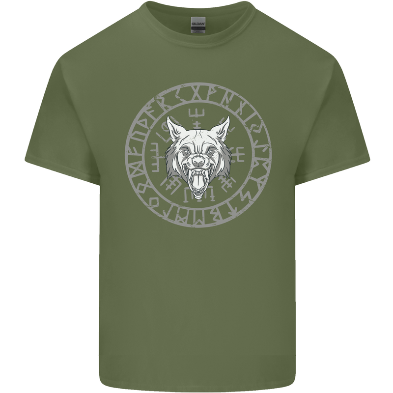 Viking Wolf With Nordic Symbols Mens Cotton T-Shirt Tee Top Military Green