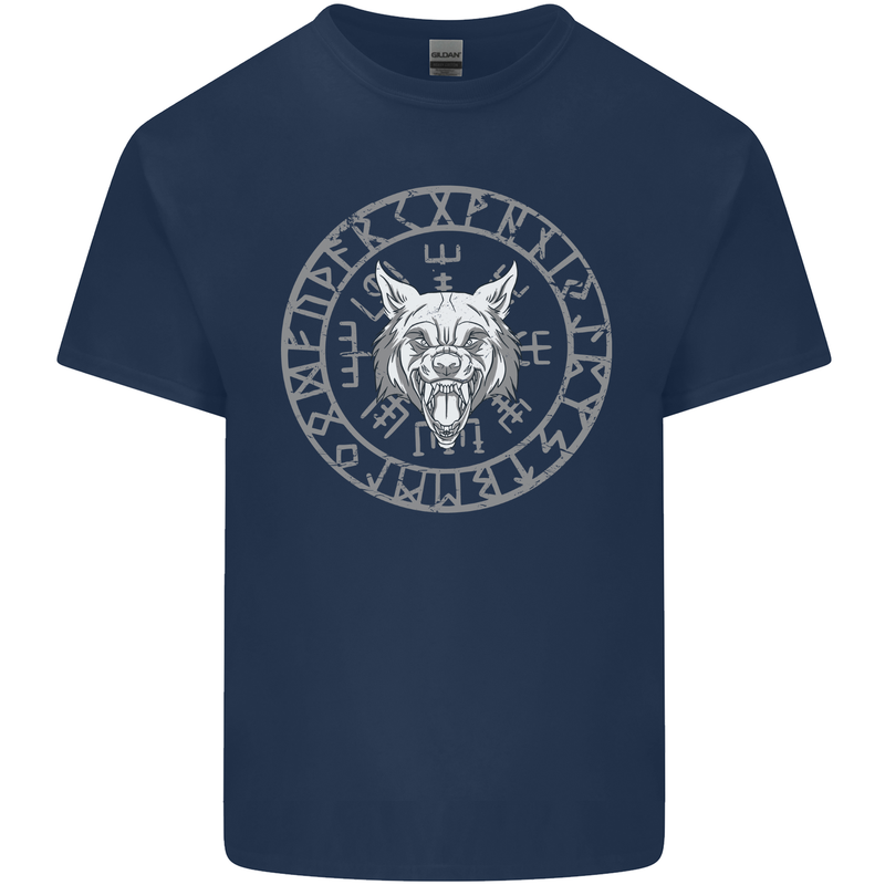 Viking Wolf With Nordic Symbols Mens Cotton T-Shirt Tee Top Navy Blue