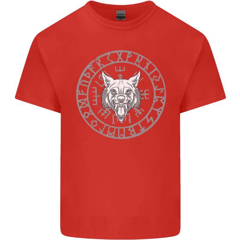 Viking Wolf With Nordic Symbols Mens Cotton T-Shirt Tee Top Red