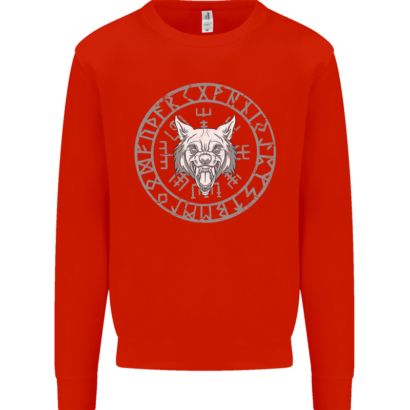 Viking Wolf With Nordic Symbols Mens Sweatshirt Jumper Bright Red