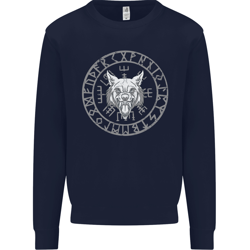 Viking Wolf With Nordic Symbols Mens Sweatshirt Jumper Navy Blue