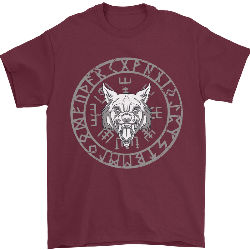 Viking Wolf With Nordic Symbols Mens T-Shirt 100% Cotton Maroon