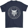 Viking Wolf With Nordic Symbols Mens T-Shirt 100% Cotton Navy Blue