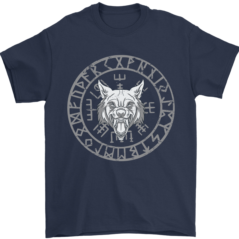 Viking Wolf With Nordic Symbols Mens T-Shirt 100% Cotton Navy Blue