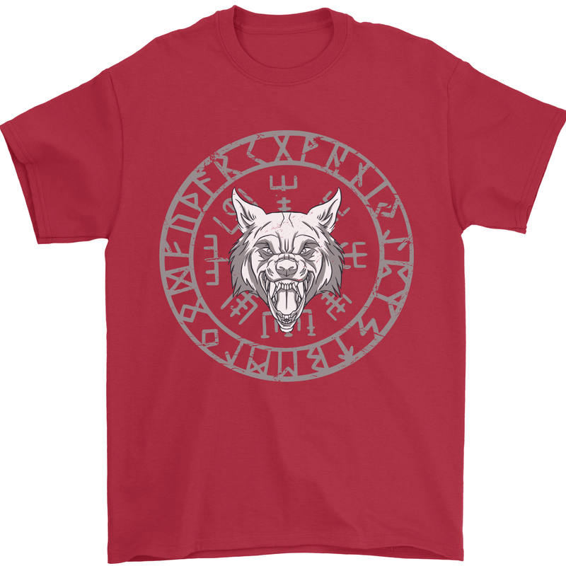 Viking Wolf With Nordic Symbols Mens T-Shirt 100% Cotton Red