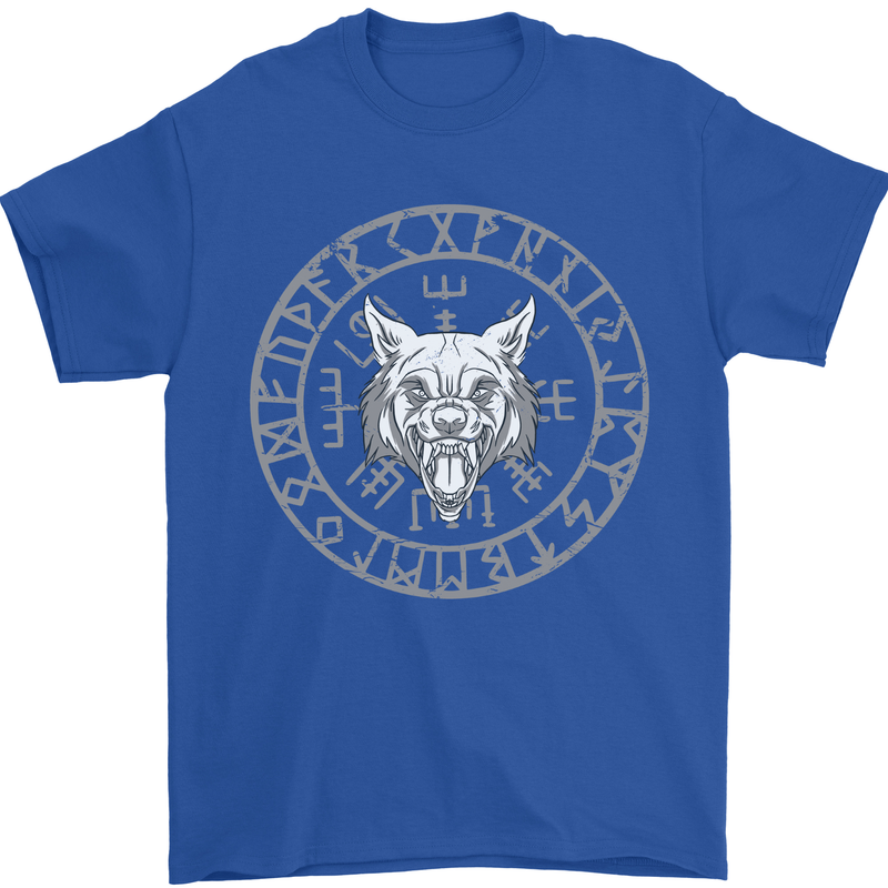 Viking Wolf With Nordic Symbols Mens T-Shirt 100% Cotton Royal Blue