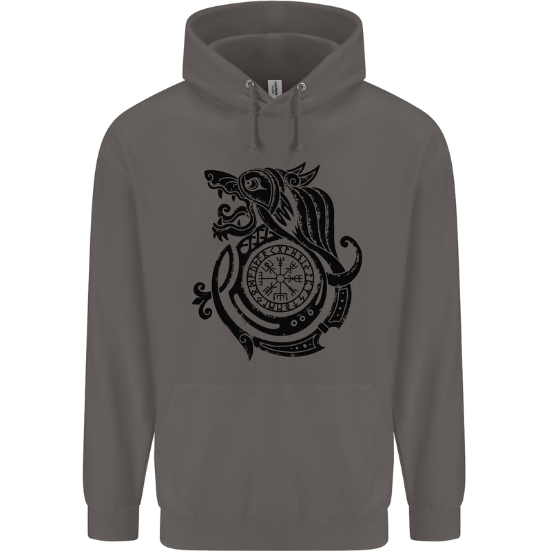 Viking Wolf With Vegvisir Symbol Black Mens 80% Cotton Hoodie Charcoal