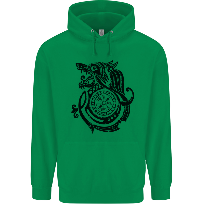 Viking Wolf With Vegvisir Symbol Black Mens 80% Cotton Hoodie Irish Green