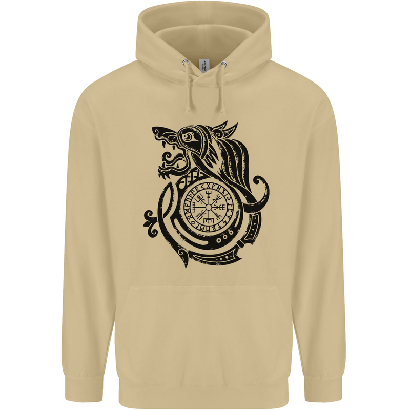 Viking Wolf With Vegvisir Symbol Black Mens 80% Cotton Hoodie Sand