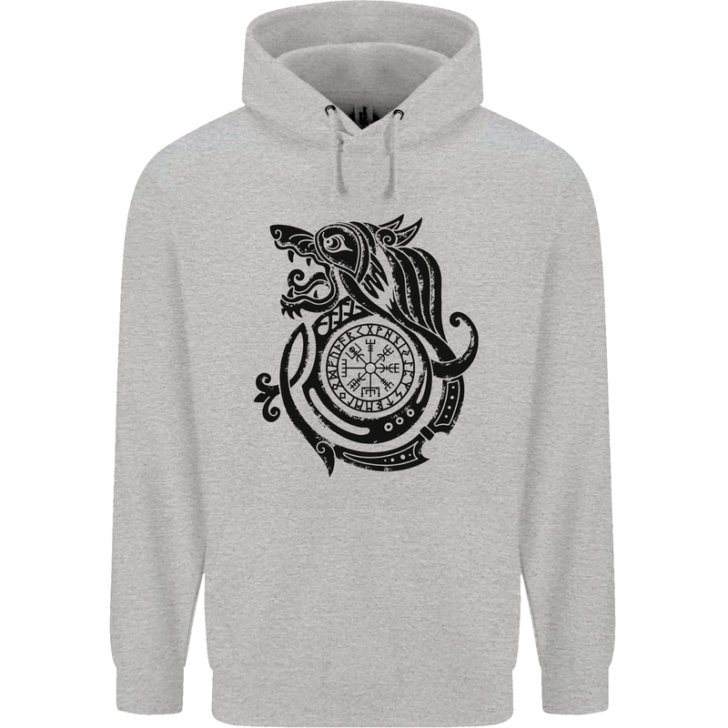 Viking Wolf With Vegvisir Symbol Black Mens 80% Cotton Hoodie Sports Grey
